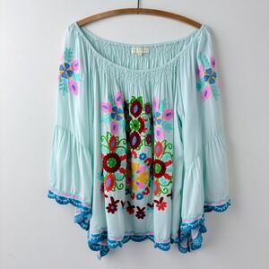 Ruby Yaya Boho Embroidered Floral Blouse Large Blue Colorful Off Shoulder Flare